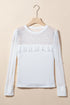 Pearl Embellished Ribbed Knit Mesh Patchwork Long Sleeve Top