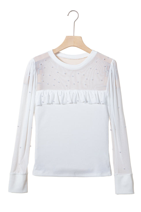 Pearl Embellished Ribbed Knit Mesh Patchwork Long Sleeve Top