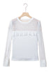 Pearl Embellished Ribbed Knit Mesh Patchwork Long Sleeve Top