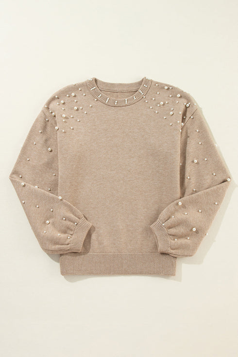 Pearl Embellished Round Neck Long Sleeve Knit Sweater