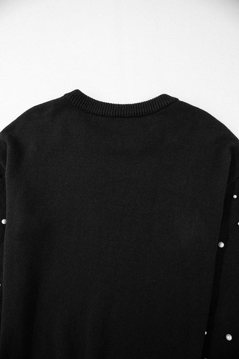 Pearl Embellished Round Neck Long Sleeve Knit Sweater