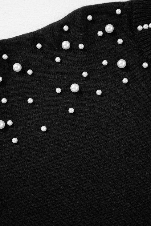 Pearl Embellished Round Neck Long Sleeve Knit Sweater