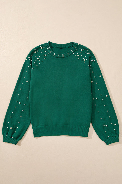 Pearl Embellished Round Neck Long Sleeve Knit Sweater