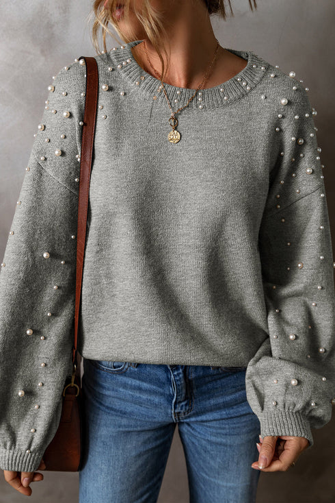 Pearl Embellished Round Neck Long Sleeve Knit Sweater