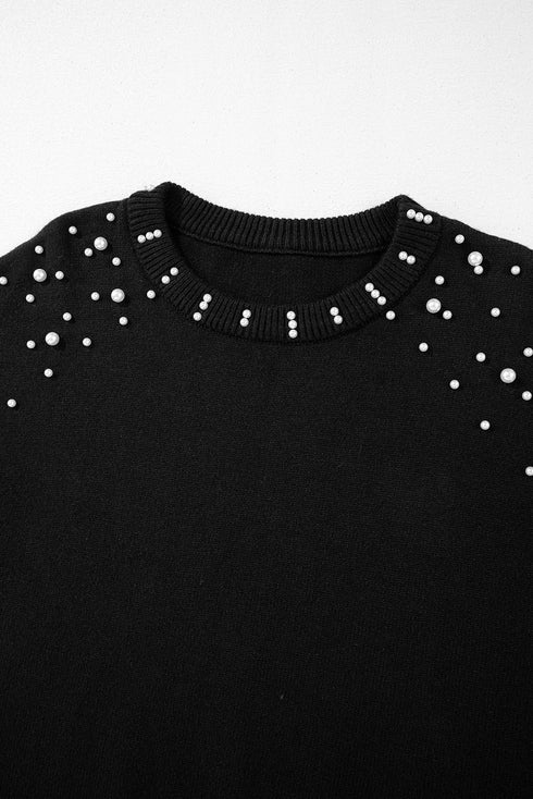 Pearl Embellished Round Neck Long Sleeve Knit Sweater