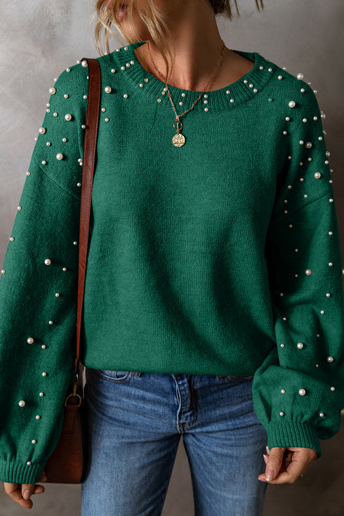 Pearl Embellished Round Neck Long Sleeve Knit Sweater