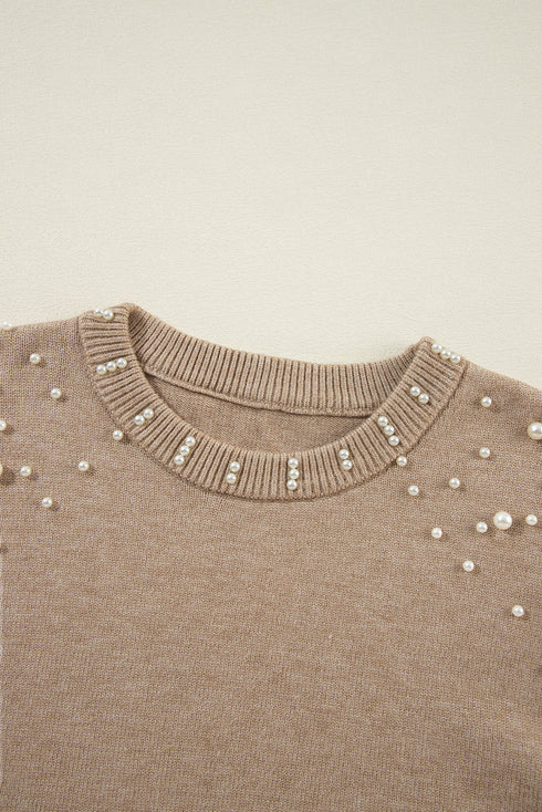 Pearl Embellished Round Neck Long Sleeve Knit Sweater