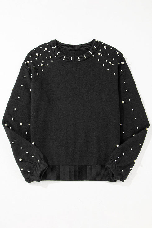 Pearl Embellished Round Neck Long Sleeve Knit Sweater