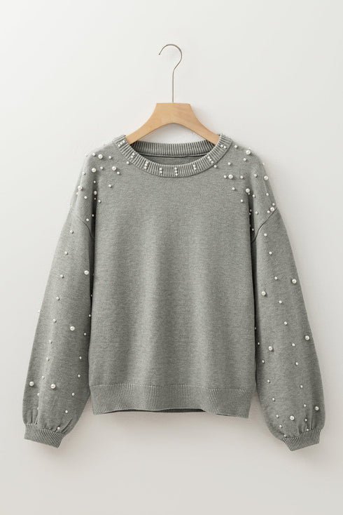 Pearl Embellished Round Neck Long Sleeve Knit Sweater