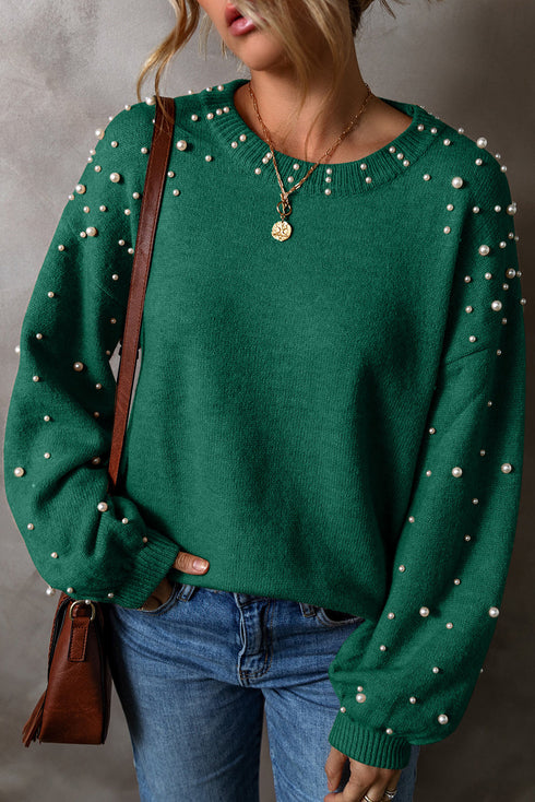 Pearl Embellished Round Neck Long Sleeve Knit Sweater