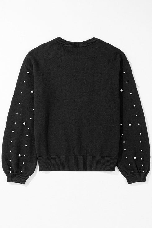 Pearl Embellished Round Neck Long Sleeve Knit Sweater