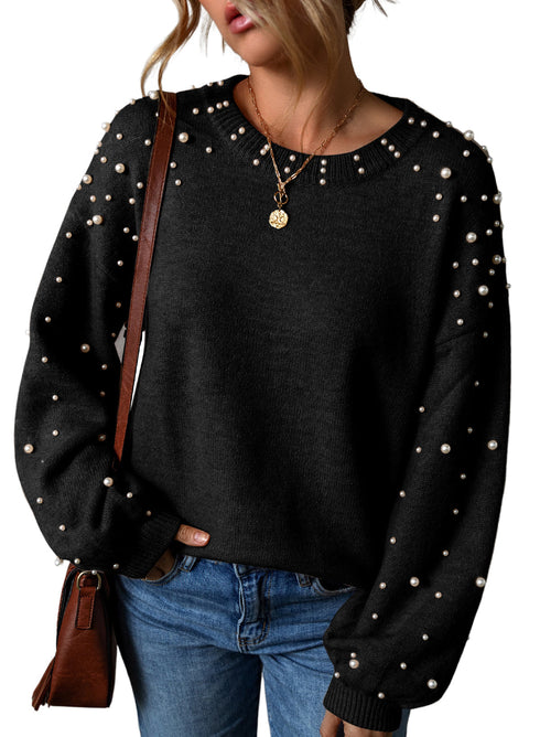 Pearl Embellished Round Neck Long Sleeve Knit Sweater