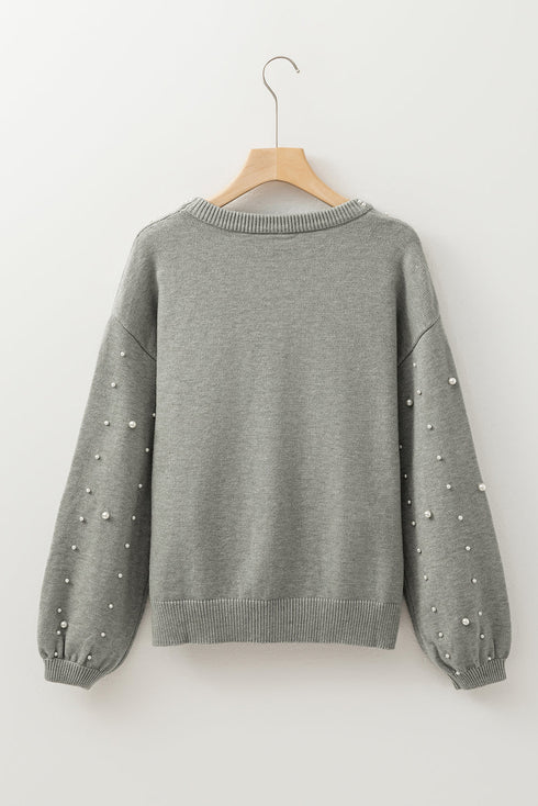Pearl Embellished Round Neck Long Sleeve Knit Sweater