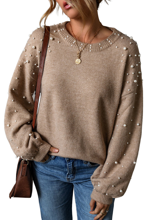Pearl Embellished Round Neck Long Sleeve Knit Sweater