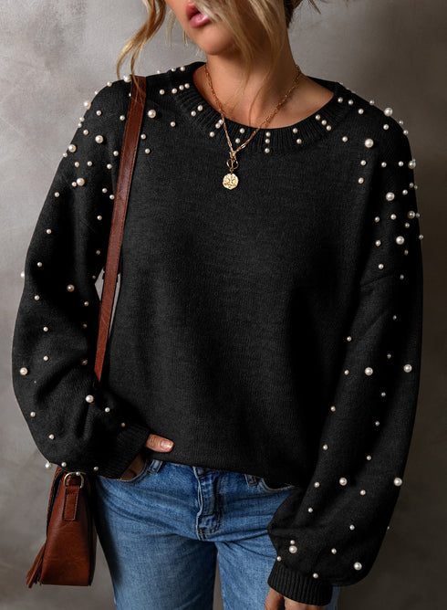 Pearl Embellished Round Neck Long Sleeve Knit Sweater