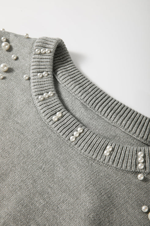 Pearl Embellished Round Neck Long Sleeve Knit Sweater