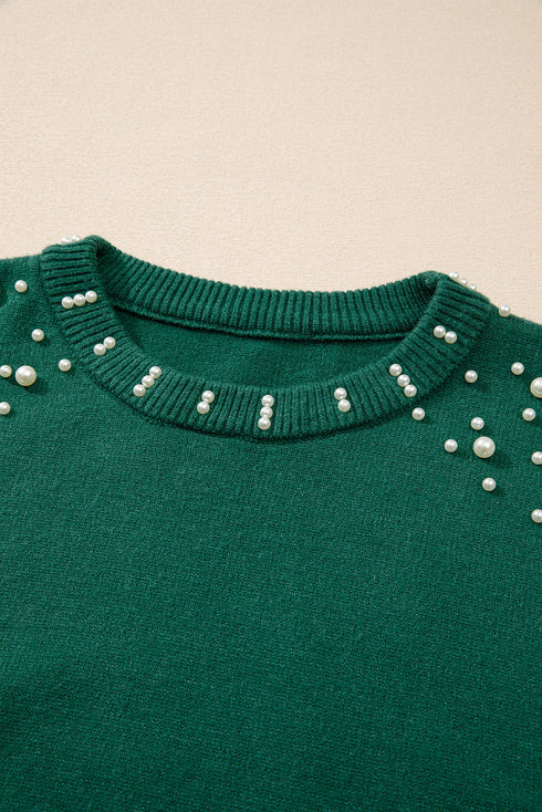 Pearl Embellished Round Neck Long Sleeve Knit Sweater