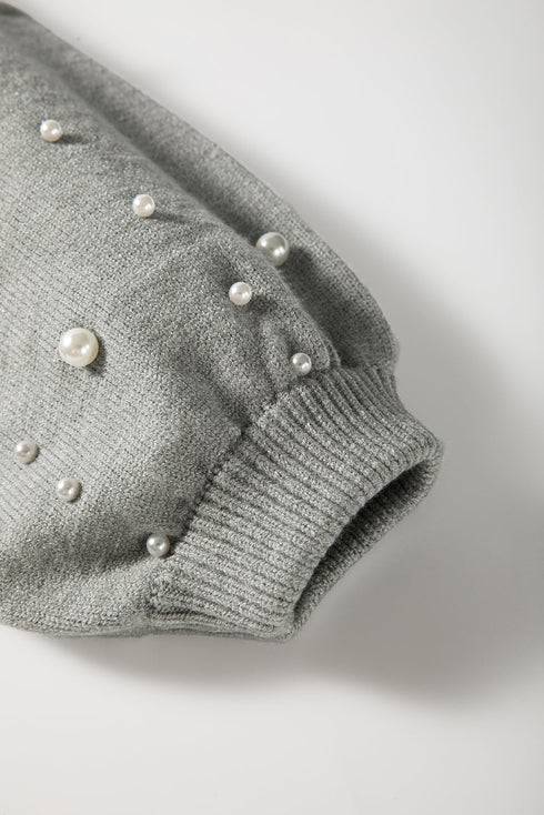 Pearl Embellished Round Neck Long Sleeve Knit Sweater