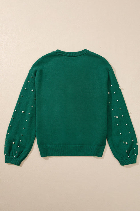Pearl Embellished Round Neck Long Sleeve Knit Sweater