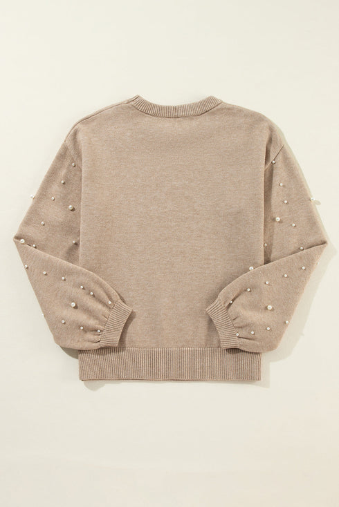 Pearl Embellished Round Neck Long Sleeve Knit Sweater