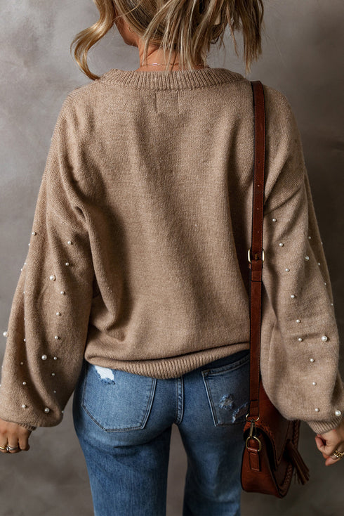 Pearl Embellished Round Neck Long Sleeve Knit Sweater