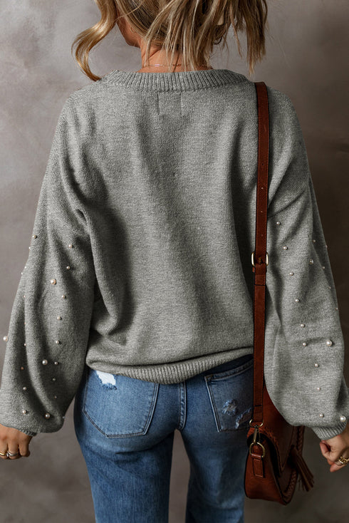 Pearl Embellished Round Neck Long Sleeve Knit Sweater