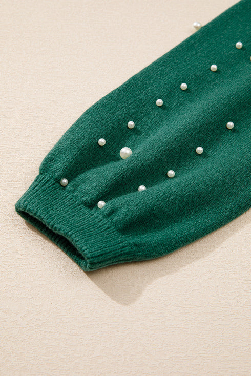 Pearl Embellished Round Neck Long Sleeve Knit Sweater