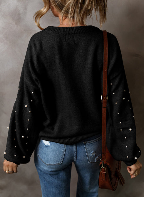 Pearl Embellished Round Neck Long Sleeve Knit Sweater