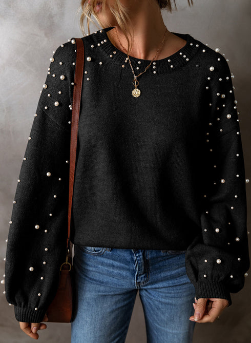 Pearl Embellished Round Neck Long Sleeve Knit Sweater