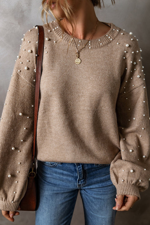 Pearl Embellished Round Neck Long Sleeve Knit Sweater