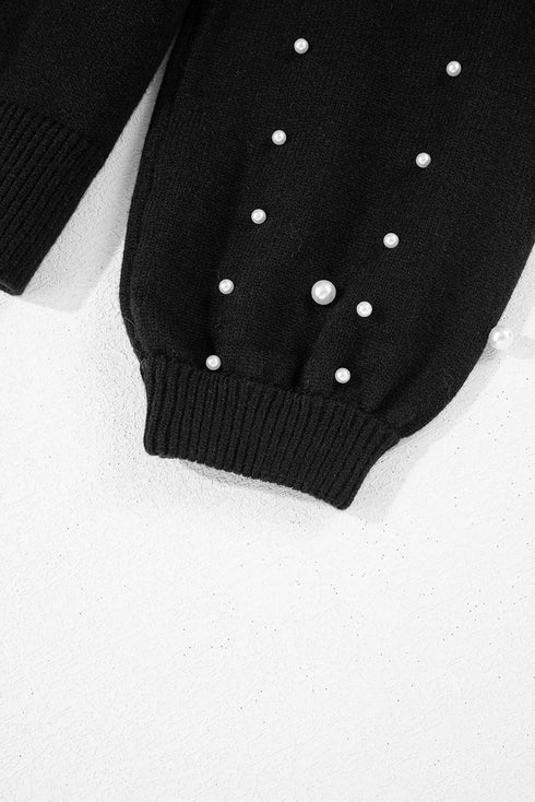 Pearl Embellished Round Neck Long Sleeve Knit Sweater