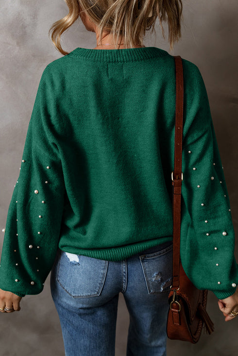 Pearl Embellished Round Neck Long Sleeve Knit Sweater