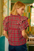 Pearl Embellished Ruffle Sleeve Tartan Plaid Blouse