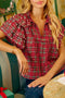 Pearl Embellished Ruffle Sleeve Tartan Plaid Blouse
