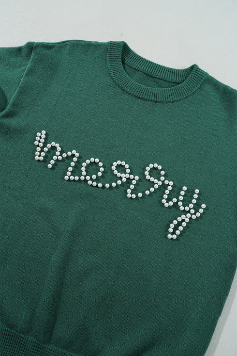Pearl Embellished Script Graphic Crew Neck Sweatshirt