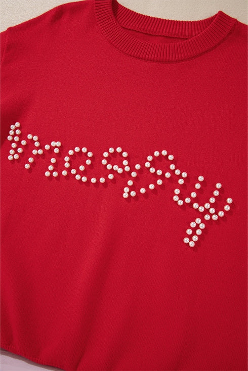 Pearl Embellished Script Graphic Crew Neck Sweatshirt