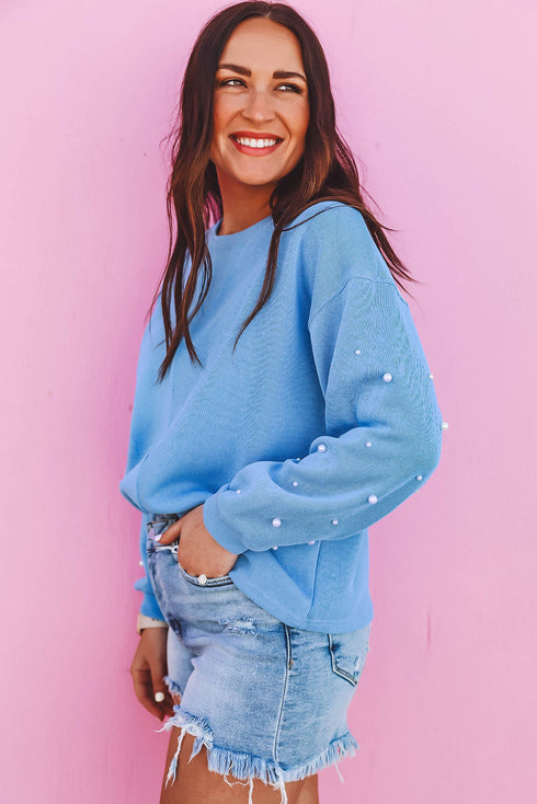 Pearl Embellished Sleeve Corded Crew Neck Sweatshirt