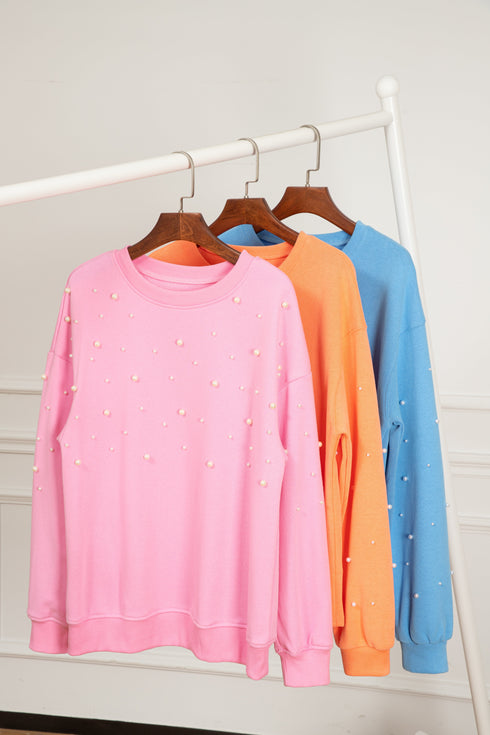 Pearl Embellished Sleeve Corded Crew Neck Sweatshirt