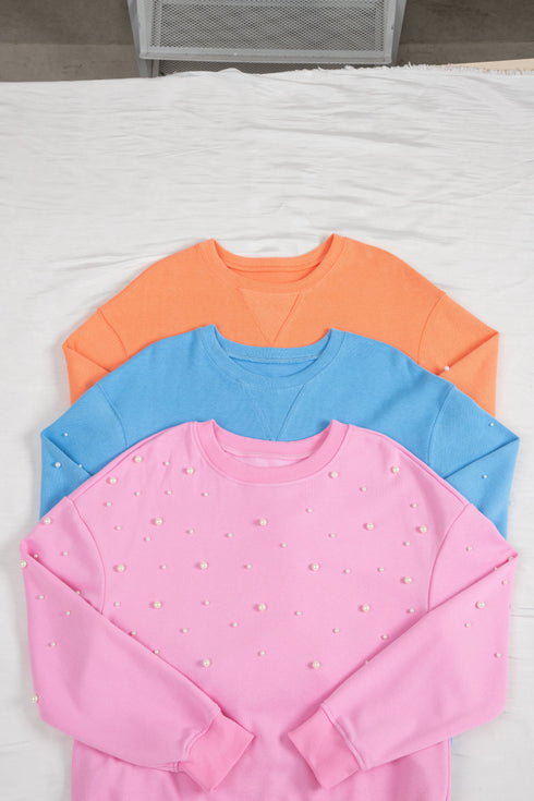Pearl Embellished Sleeve Corded Crew Neck Sweatshirt