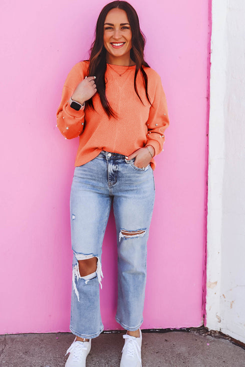 Pearl Embellished Sleeve Corded Crew Neck Sweatshirt