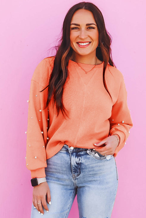 Pearl Embellished Sleeve Corded Crew Neck Sweatshirt