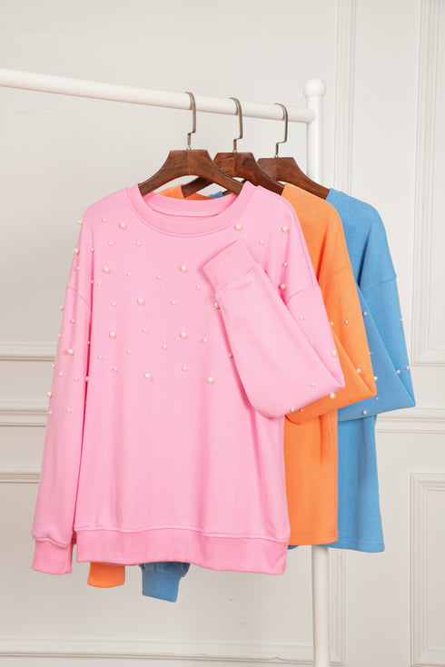 Pearl Embellished Sleeve Corded Crew Neck Sweatshirt