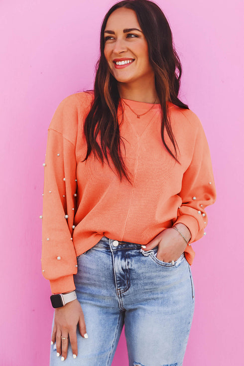 Pearl Embellished Sleeve Corded Crew Neck Sweatshirt