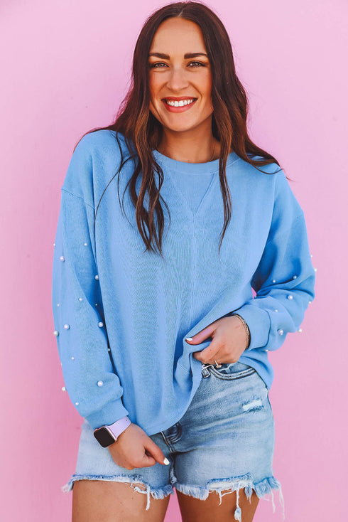 Pearl Embellished Sleeve Corded Crew Neck Sweatshirt