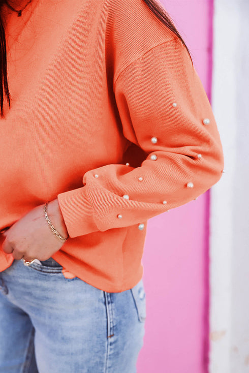 Pearl Embellished Sleeve Corded Crew Neck Sweatshirt