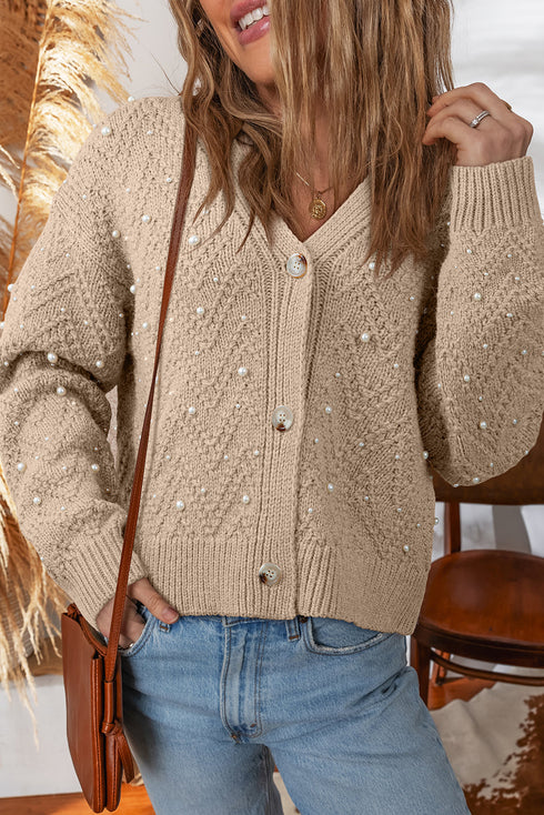 Pearl Embellished Textured Knit Button Front Cardigan
