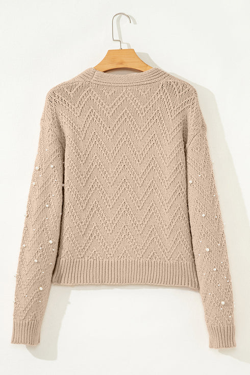 Pearl Embellished Textured Knit Button Front Cardigan