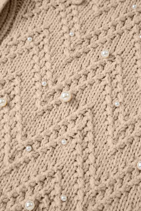 Pearl Embellished Textured Knit Button Front Cardigan