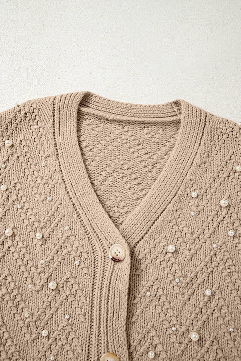 Pearl Embellished Textured Knit Button Front Cardigan