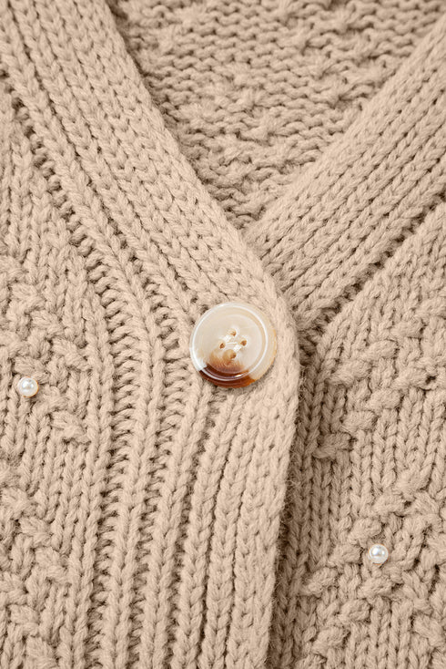 Pearl Embellished Textured Knit Button Front Cardigan